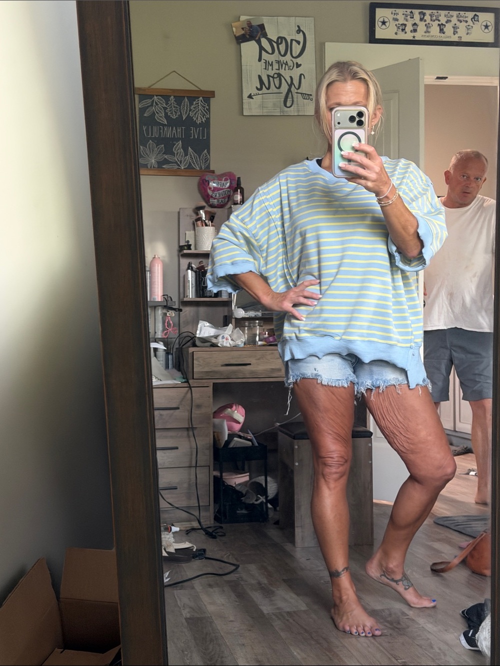 Peach Love California Oversized Striped Pullover - Light Blue & Pale Yellow